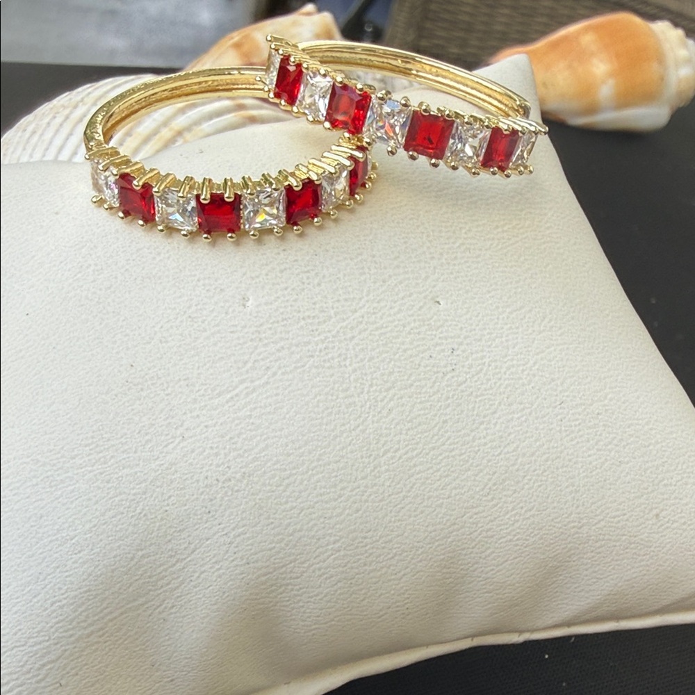 Gold Hoop Earrings with Red and Clear Stones for pam